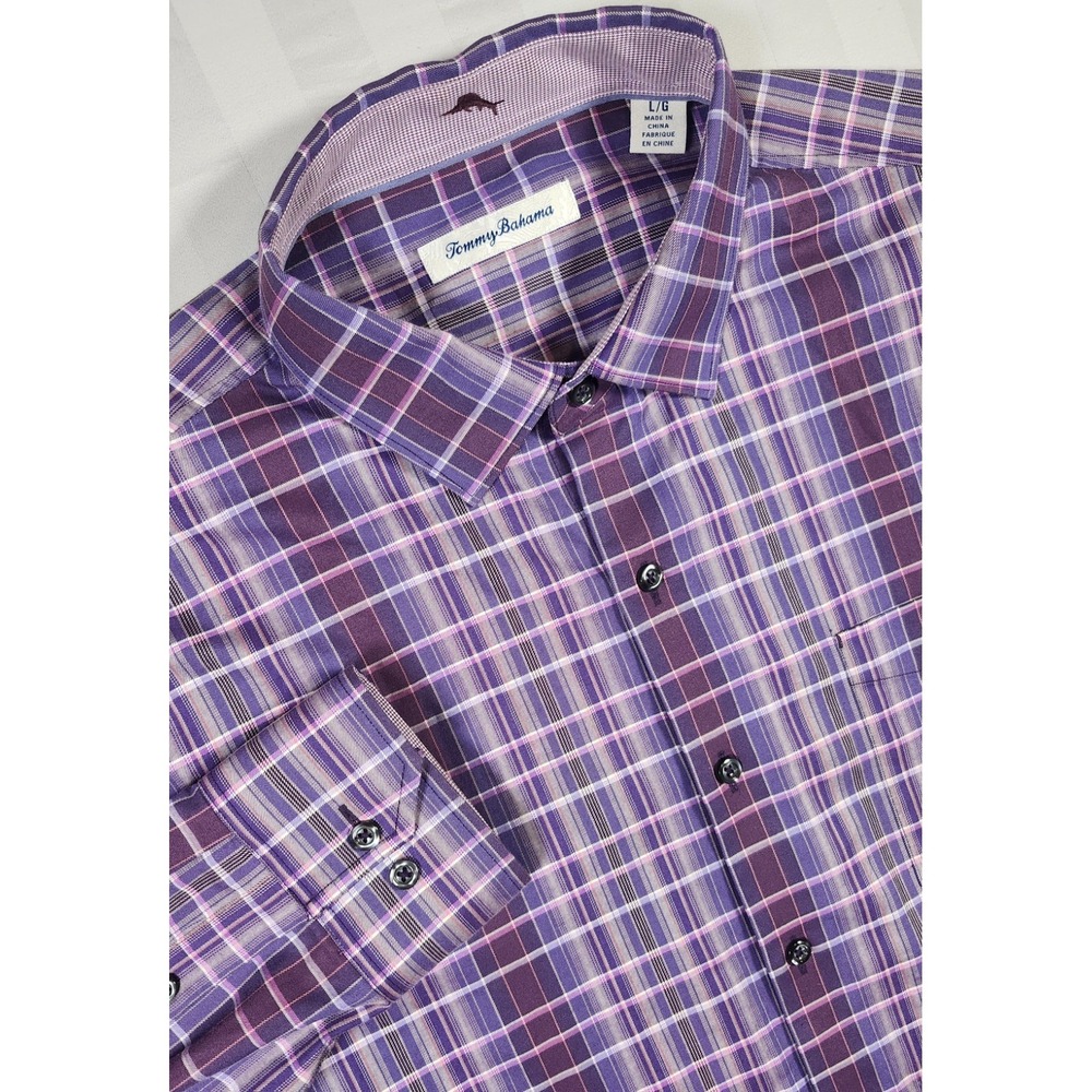 Tommy Bahama Shirt Men's Purple Plaid Button Up Long Sleeve Silk Size L 0013